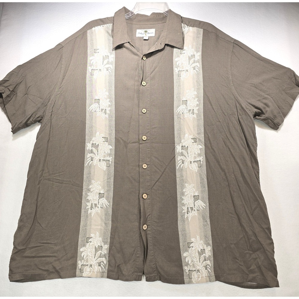 Island Shores Mens 3XL Brown Rayon Palm Tree Embroidered Camp Shirt Short Sleeve